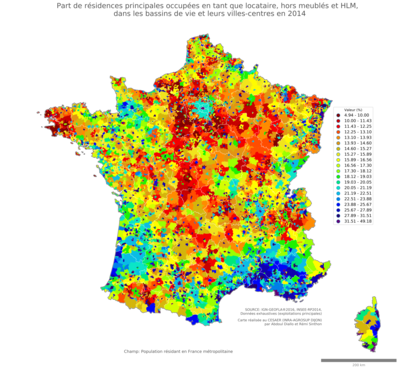 Part de résidences principales occupées en tant que locataire, hors meublés et HLM - bv2014
Mots-clés: résidence et logement;conditions d-existence;bassins de vie