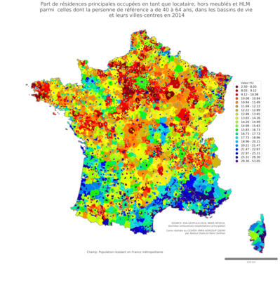 Part de résidences principales occupées en tant que locataire, hors meublés et HLM parmi celles dont la personne de référence a de 40 à 64 ans - bv2014
Mots-clés: résidence et logement;âge;conditions d-existence;bassins de vie