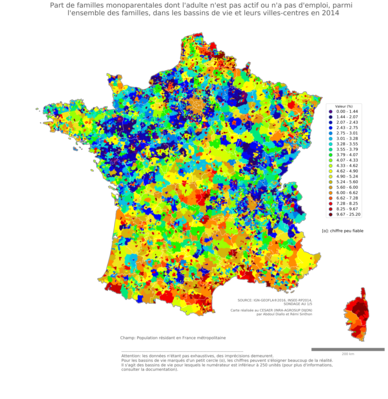 Part de familles monoparentales dont l'adulte n'est pas actif ou n'a pas d'emploi, parmi l’ensemble des familles - bv2014
Mots-clés: famille et enfants;conditions d-existence;classes populaires;bassins de vie