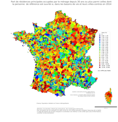 Part de résidences principales occupées par le ménage depuis 30 ans ou plus parmi celles dont la personne de référence est ouvrièr.e - bv2014
Mots-clés: résidence et logement;profession;classes populaires;bassins de vie