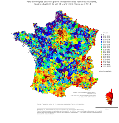 Part d'immigrés ouvriers parmi l'ensemble des hommes résidents - bv2014
Mots-clés: immigration;sexe;hommes;classes populaires;bassins de vie