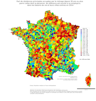 Part de résidences principales occupées par le ménage depuis 30 ans ou plus parmi celles dont la personne de référence est ouvrièr.e ou employé.e - bv2014
Mots-clés: résidence et logement;profession;classes populaires;bassins de vie