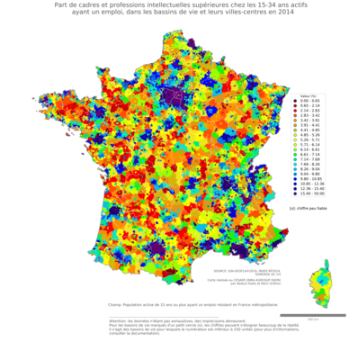 Part de cadres et professions intellectuelles supérieures chez les 15'34 ans actifs ayant un emploi - bv2014
Mots-clés: profession;âge;classes supérieures;bassins de vie