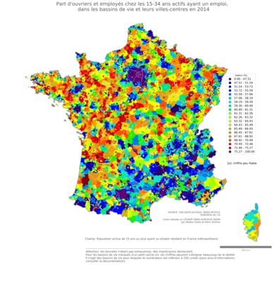 Part d'ouvriers et employés chez les 15'34 ans actifs ayant un emploi - bv2014
Mots-clés: profession;âge;classes populaires;bassins de vie