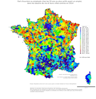 Part d'ouvriers ou employés chez les 55 ans ou plus actifs ayant un emploi - bv2014
Mots-clés: profession;âge;classes populaires;bassins de vie