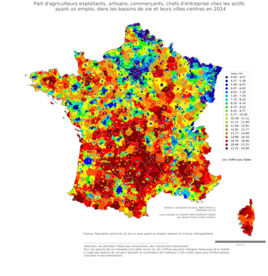 Part d'agriculteurs exploitants, artisans, commerçants, chefs d'entreprise chez les actifs ayant un emploi - bv2014
Mots-clés: profession;sexe;femmes;fonction publique ou indépendance;bassins de vie