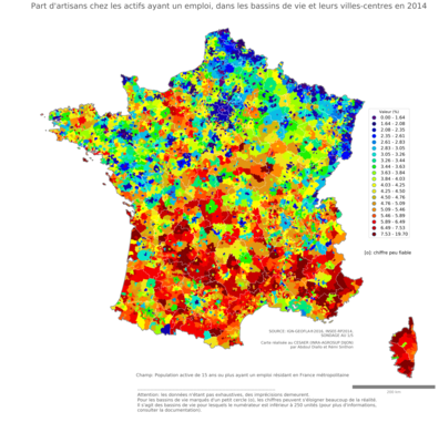 Part d'artisans chez les actifs ayant un emploi - bv2014
Mots-clés: profession;fonction publique ou indépendance;bassins de vie