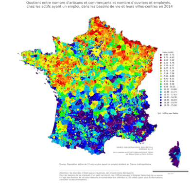 Quotient entre nombre d'artisans et commerçants et nombre d'ouvriers et employés, chez les actifs ayant un emploi - bv2014
Mots-clés: profession;sexe;femmes;fonction publique ou indépendance;bassins de vie