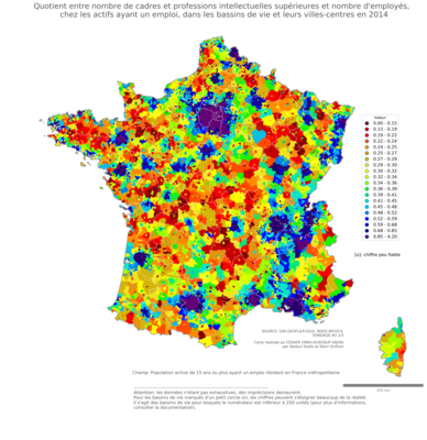 Quotient entre nombre de cadres et professions intellectuelles supérieures et nombre d'employés, chez les actifs ayant un emploi - bv2014
Mots-clés: profession;classes supérieures;classes populaires;bassins de vie