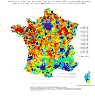 Quotient entre nombre de cadres et professions intellectuelles supérieures et nombre d'ouvriers, chez les actifs ayant un emploi - bv2014
Mots-clés: profession;classes supérieures;classes populaires;bassins de vie