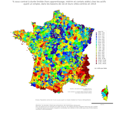 % sous contrat à durée limitée (hors apprentissage, intérim et contats aidés)  chez les actifs ayant un emploi - bv2014
Mots-clés: conditions de travail et d-emploi;bassins de vie