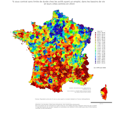 % sous contrat sans limite de durée chez les actifs ayant un emploi - bv2014
Mots-clés: conditions de travail et d-emploi;bassins de vie