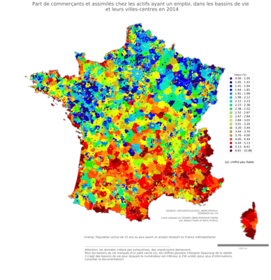 Part de commerçants et assimilés chez les actifs ayant un emploi - bv2014
Mots-clés: profession;fonction publique ou indépendance;bassins de vie