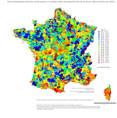 Part d'employés chez les actifs ayant un emploi - bv2014
Mots-clés: profession;sexe;femmes;classes populaires;bassins de vie