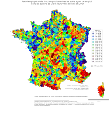 Part d'employés de la fonction publique chez les actifs ayant un emploi - bv2014
Mots-clés: profession;classes populaires;fonction publique ou indépendance;bassins de vie