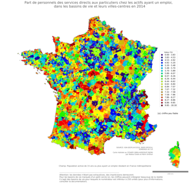 Part de personnels des services directs aux particuliers chez les actifs ayant un emploi - bv2014
Mots-clés: profession;classes populaires;bassins de vie