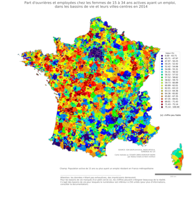 Part d'ouvrières et employées chez les femmes de 15 à 34 ans actives ayant un emploi - bv2014
Mots-clés: profession;sexe;femmes;âge;classes populaires;bassins de vie