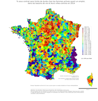 % sous contrat sans limite de durée chez les femmes actives ayant un emploi - bv2014
Mots-clés: conditions de travail et d-emploi;sexe;femmes;bassins de vie