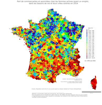 Part de commerçantes et assimilées chez les femmes actives ayant un emploi - bv2014
Mots-clés: profession;sexe;femmes;fonction publique ou indépendance;bassins de vie