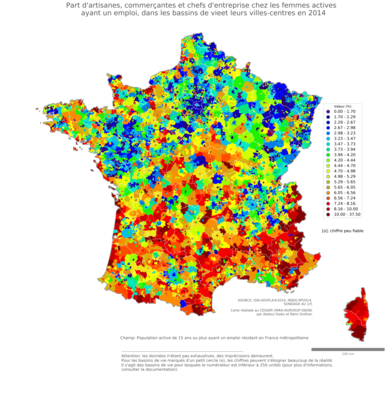 Part d'artisanes, commerçantes et chefs d'entreprise chez les femmes actives ayant un emploi - bv2014
Mots-clés: profession;sexe;femmes;fonction publique ou indépendance;bassins de vie