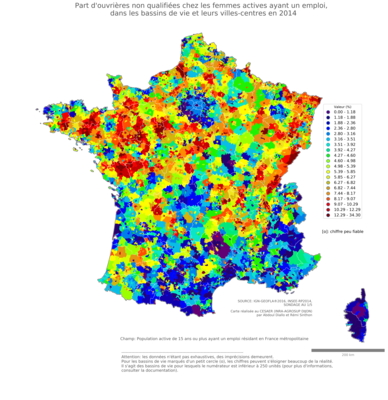 Part d'ouvrières non qualifiées chez les femmes actives ayant un emploi - bv2014
Mots-clés: profession;sexe;femmes;classes populaires;bassins de vie