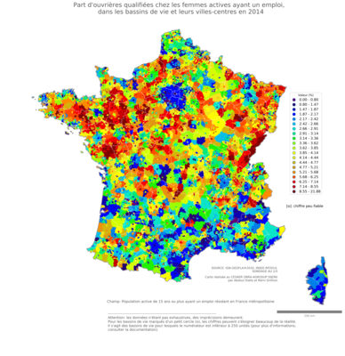 Part d'ouvrières qualifiées chez les femmes actives ayant un emploi - bv2014
Mots-clés: profession;sexe;femmes;classes populaires;bassins de vie