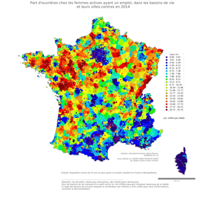 Part d'ouvrières chez les femmes actives ayant un emploi - bv2014
Mots-clés: profession;sexe;femmes;classes populaires;bassins de vie