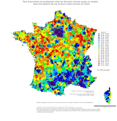 Part d'ouvrières et employées chez les femmes actives ayant un emploi - bv2014
Mots-clés: profession;sexe;femmes;classes populaires;bassins de vie