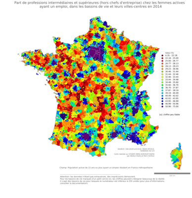 Part de professions intermédiaires et supérieures (hors chefs d'entreprise) chez les femmes actives ayant un emploi - bv2014
Mots-clés: profession;sexe;femmes;classes supérieures;bassins de vie