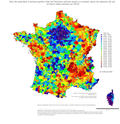 Part de salariées à temps partiel chez les femmes actives ayant un emploi - bv2014
Mots-clés: conditions de travail et d-emploi;sexe;femmes;bassins de vie