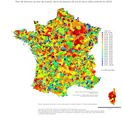 Nombre de femmes au lieu de travail - bv2014
Mots-clés: effectif;sexe;femmes;lieu de travail;bassins de vie