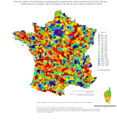 Part de cadres et professions intellectuelles supérieures chez les hommes de 15 à 34 ans actifs ayant un emploi - bv2014
Mots-clés: profession;sexe;hommes;âge;classes supérieures;bassins de vie