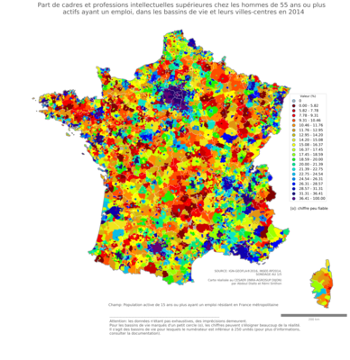 Part de cadres et professions intellectuelles supérieures chez les hommes de 55 ans ou plus actifs ayant un emploi - bv2014
Mots-clés: profession;sexe;hommes;âge;classes supérieures;bassins de vie