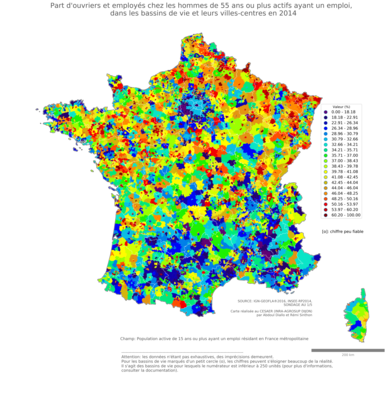 Part d'ouvriers et employés chez les hommes de 55 ans ou plus actifs ayant un emploi - bv2014
Mots-clés: profession;sexe;hommes;âge;classes populaires;bassins de vie