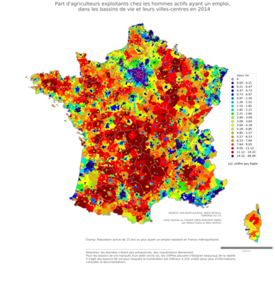 Part d'agriculteurs exploitants chez les hommes actifs ayant un emploi - bv2014
Mots-clés: profession;sexe;hommes;fonction publique ou indépendance;bassins de vie