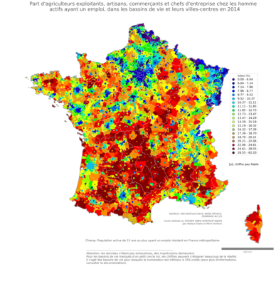 Part d'agriculteurs exploitants, artisans, commerçants et chefs d'entreprise chez les homme actifs ayant un emploi - bv2014
Mots-clés: profession;sexe;hommes;fonction publique ou indépendance;bassins de vie