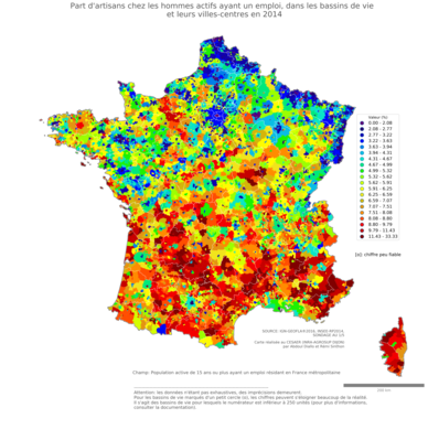 Part d'artisans chez les hommes actifs ayant un emploi - bv2014
Mots-clés: profession;sexe;femmes;fonction publique ou indépendance;bassins de vie