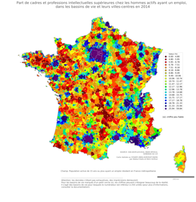 Part de cadres et professions intellectuelles supérieures chez les hommes actifs ayant un emploi - bv2014
Mots-clés: profession;sexe;hommes;classes supérieures;bassins de vie