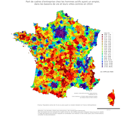 Part de cadres d'entreprise chez les hommes actifs ayant un emploi - bv2014
Mots-clés: profession;sexe;femmes;classes supérieures;bassins de vie