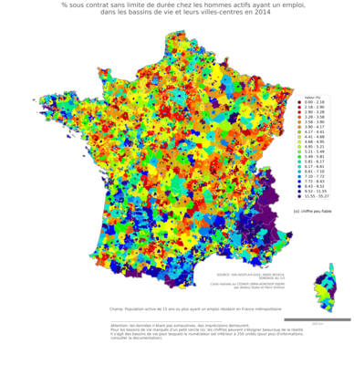 % sous contrat sans limite de durée chez les hommes actifs ayant un emploi - bv2014
Mots-clés: conditions de travail et d-emploi;sexe;hommes;bassins de vie