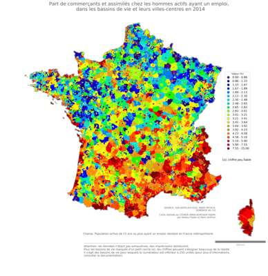 Part de commerçants et assimilés chez les hommes actifs ayant un emploi - bv2014
Mots-clés: profession;sexe;femmes;fonction publique ou indépendance;bassins de vie