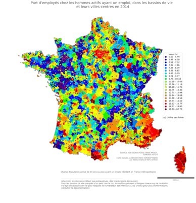 Part d'employés chez les hommes actifs ayant un emploi - bv2014
Mots-clés: profession;sexe;hommes;classes populaires;bassins de vie