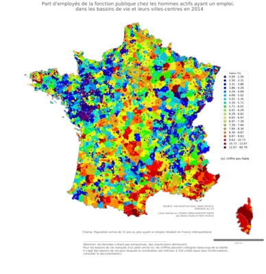 Part d'employés de la fonction publique chez les hommes actifs ayant un emploi - bv2014
Mots-clés: profession;sexe;femmes;classes populaires;fonction publique ou indépendance;bassins de vie