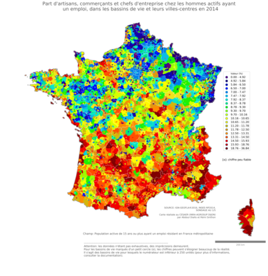 Part d'artisans, commerçants et chefs d'entreprise chez les hommes actifs ayant un emploi - bv2014
Mots-clés: profession;sexe;hommes;fonction publique ou indépendance;bassins de vie