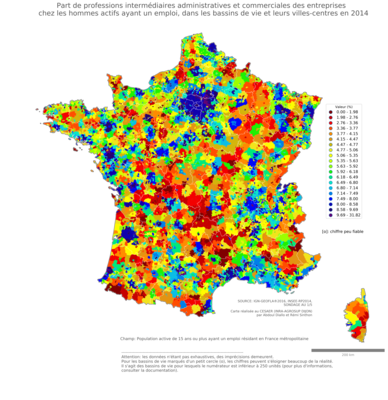 Part de professions intermédiaires administratives et commerciales des entreprises chez les hommes actifs ayant un emploi - bv2014
Mots-clés: profession;sexe;femmes;bassins de vie