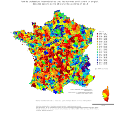 Part de professions intermédiaires chez les hommes actifs ayant un emploi - bv2014
Mots-clés: profession;sexe;hommes;bassins de vie