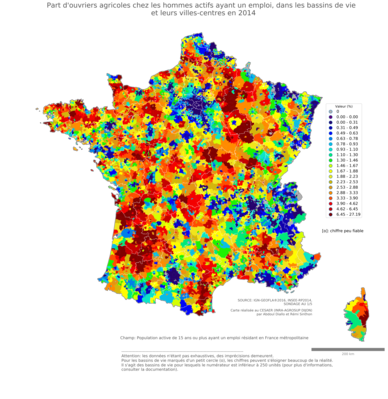 Part d'ouvriers agricoles chez les hommes actifs ayant un emploi - bv2014
Mots-clés: profession;sexe;femmes;classes populaires;bassins de vie