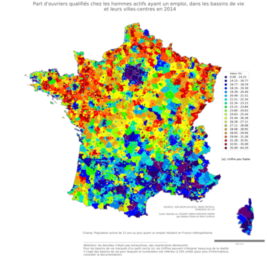 Part d'ouvriers qualifiés chez les hommes actifs ayant un emploi - bv2014
Mots-clés: profession;sexe;femmes;classes populaires;bassins de vie