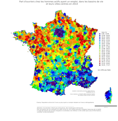 Part d'ouvriers chez les hommes actifs ayant un emploi - bv2014
Mots-clés: profession;sexe;hommes;classes populaires;bassins de vie