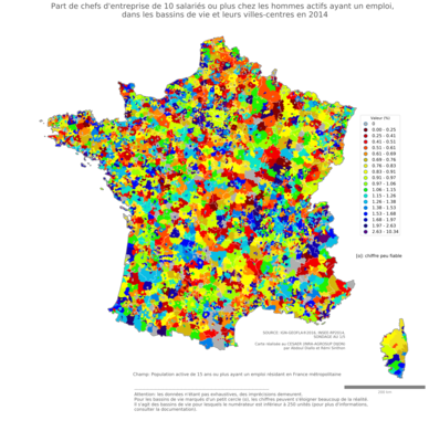 Part de chefs d'entreprise de 10 salariés ou plus chez les hommes actifs ayant un emploi - bv2014
Mots-clés: profession;sexe;femmes;classes supérieures;fonction publique ou indépendance;bassins de vie